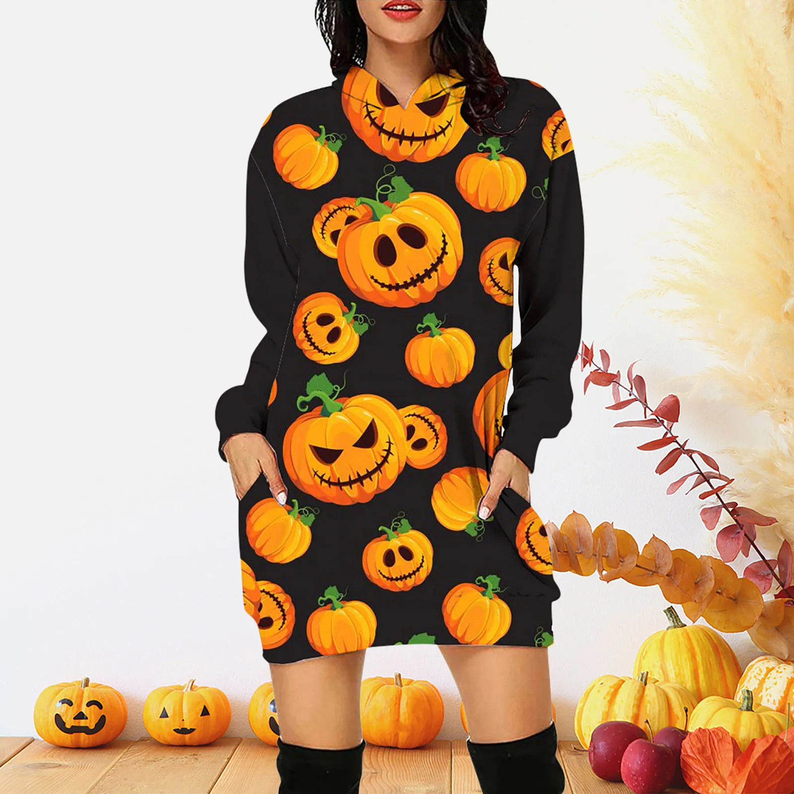 Womens Long Sleeve Hooded Pockets Pullover Halloween Print Hoodie Dress Tunic Sweatshirt Former Dresses
Womens Long Sleeve Hooded Pockets Pullover Halloween Print Hoodie Dress Tunic Sweatshirt Former Dresses