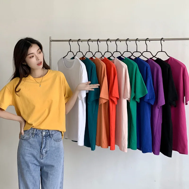 T-shirt Women T-shirts Summer Korean Loose Casual Top Woman 100% Cotton Solid Round Neck Short Sleeve T Shirt Camisetas Mujer FC 
T-shirt Women T-shirts Summer Korean Loose Casual Top Woman 100% Cotton Solid Round Neck Short Sleeve T Shirt Camisetas Mujer FC