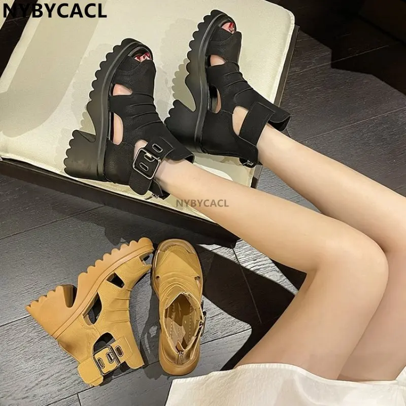 

Sandals Women 2023 Summer New Fashion Thick-bottomed Breathable Paste Roman Sandals Hook & Loop Chunky Heels Platform Pumps New