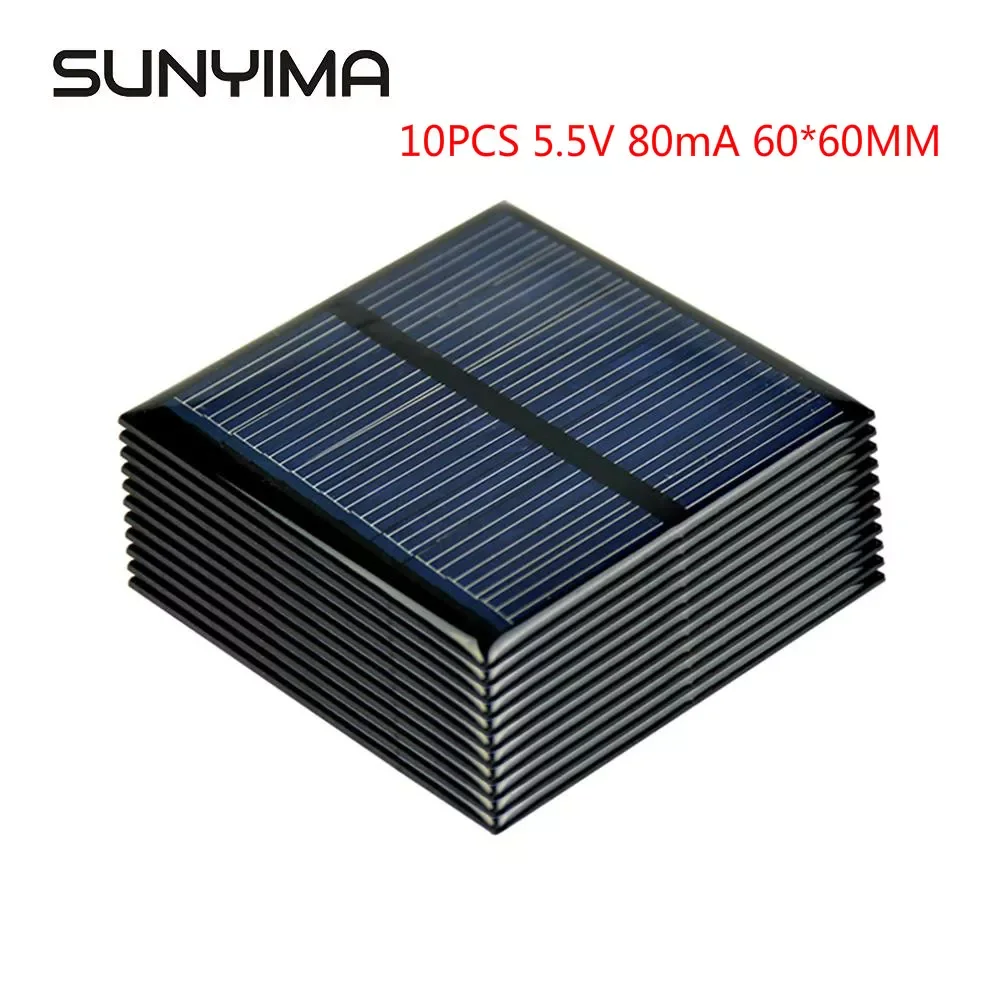SUNYIMA 10PCS 5.5V 80mA Polycrystalline Solar Panel 60*60mm Mini Solar Cell Power Bank for DIY Battery Solar Charger Sunpower
SUNYIMA 10PCS 5.5V 80mA Polycrystalline Solar Panel 60*60mm Mini Solar Cell Power Bank for DIY Battery Solar Charger Sunpower