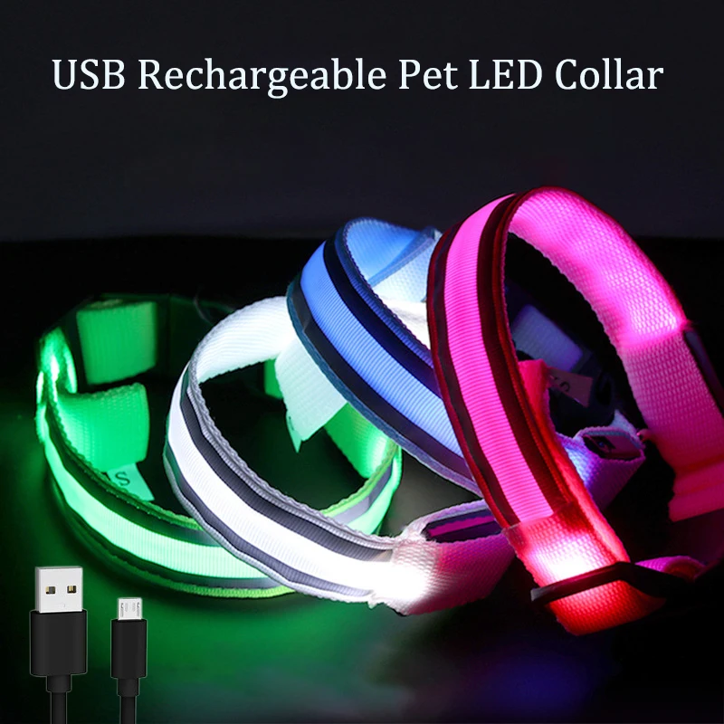

Перезаряжаемый USB ошейник для собак, светящийся Яркий светящийся нейлоновый Светоотражающий ошейник для собак, ночная безопасность для кошек и щенков