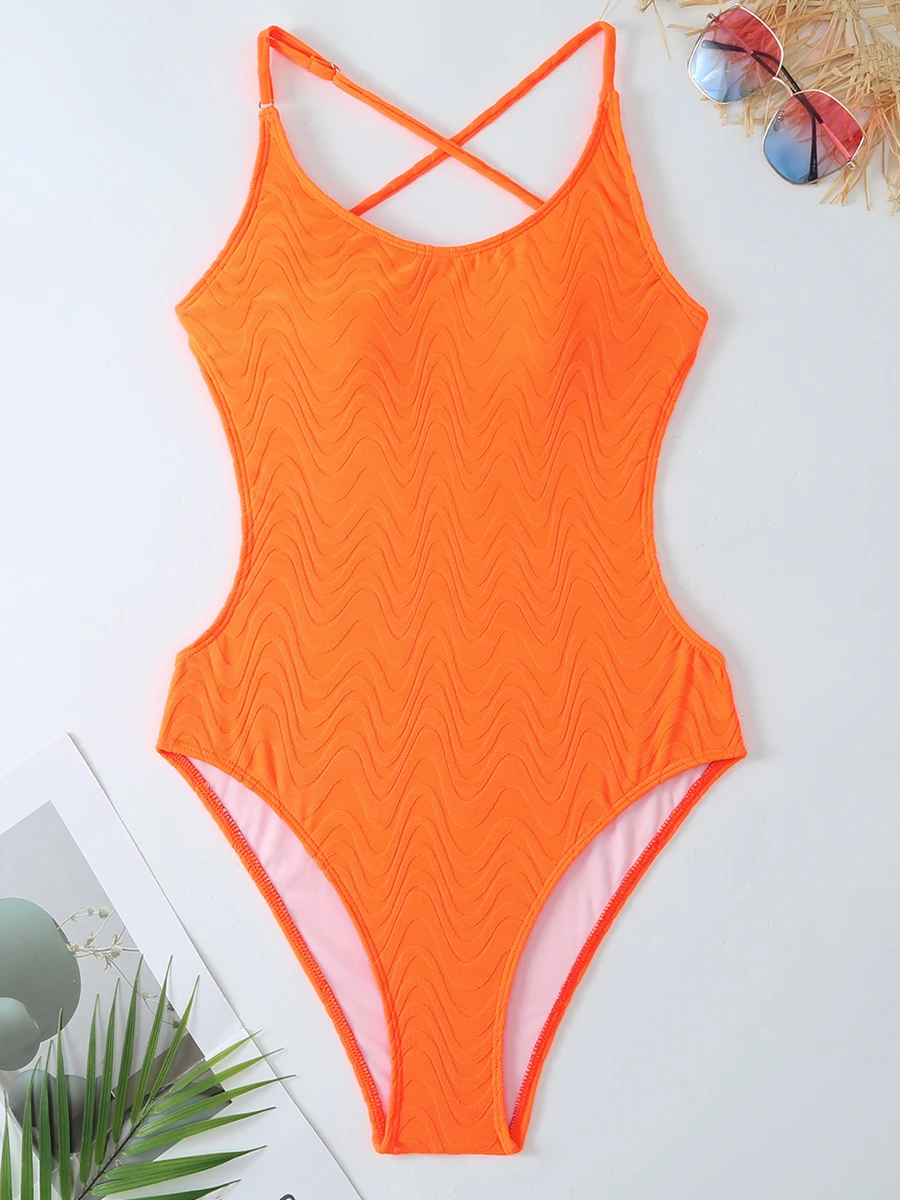 

2023 оранжевый волнистый купальник с открытой спиной, Женский цельный пикантный купальник на бретельках, женские купальники, купальный костюм для плавания, пляжная одежда
