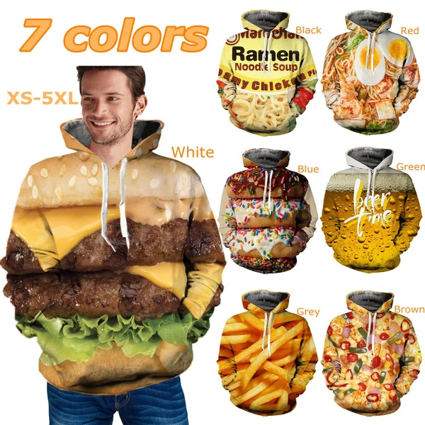 

Men and Women Ramen Food Hamburger and Chips Print Loose Hooded Fashion 3D Hoodies Sweatshirt Casual Pullovers