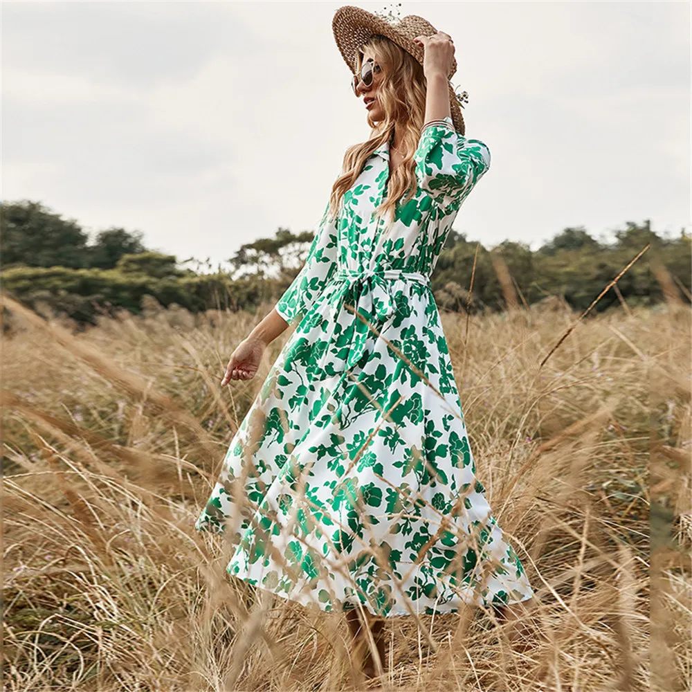 Women's Dress Bohemian Fashion Ladies Long Skirt Green Print Lace-Up Dress Sicilian Fashion Spring Summer 2022 Western Style
Women's Dress Bohemian Fashion Ladies Long Skirt Green Print Lace-Up Dress Sicilian Fashion Spring Summer 2022 Western Style