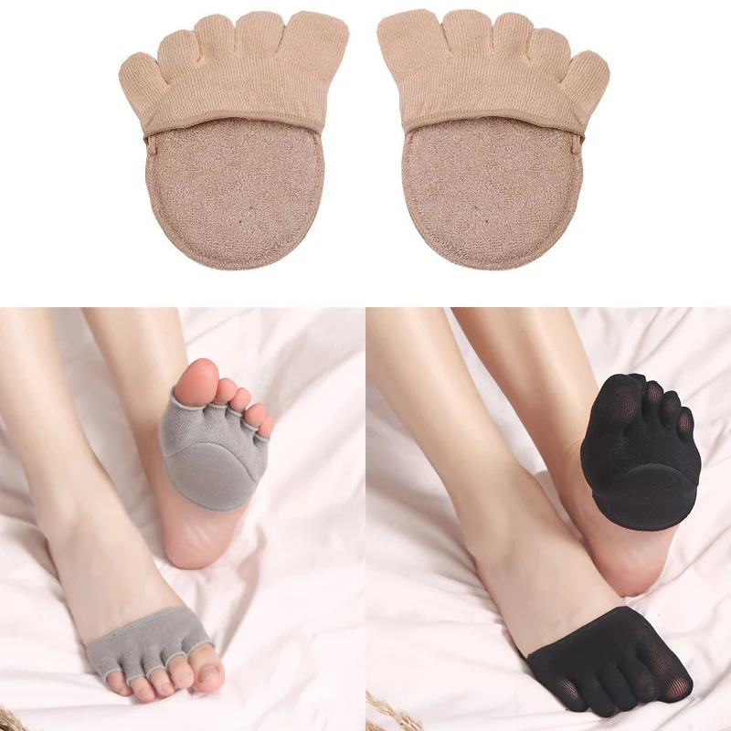 

New Women Soft Socks Silicone Anti-slip Lining Open Toe Heelless Liner Cotton Sock with Invisible Forefoot Cushion Foot Pad Sock