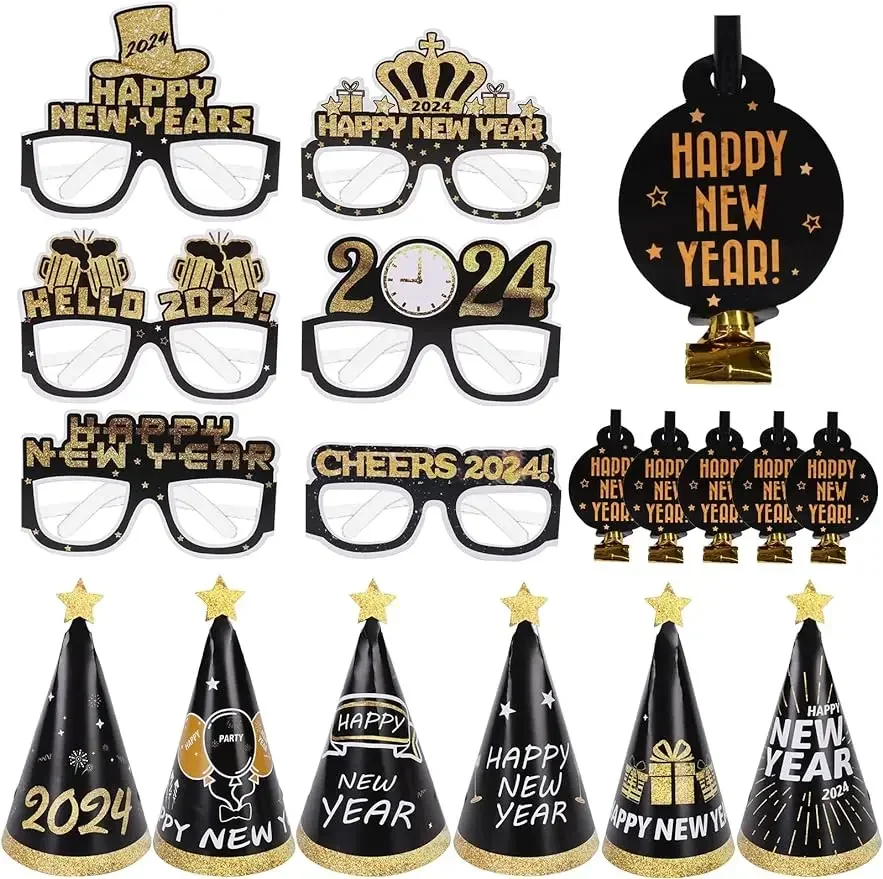

2024 Happy New Year Decor Eve Eyeglasses Cheers 2024 Eyewear Cone Hats Metallic Fringed Noise Makers for Photo Booth Props