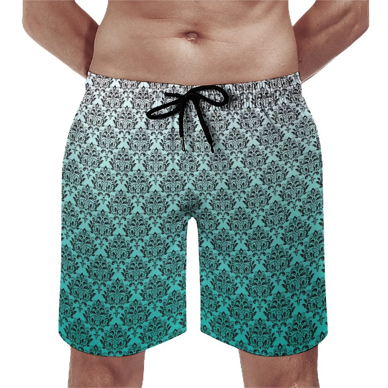 

Summer Board Shorts Black Damask Surfing Green Ombre Design Beach Shorts Hawaii Comfortable Swimming Trunks Large Size