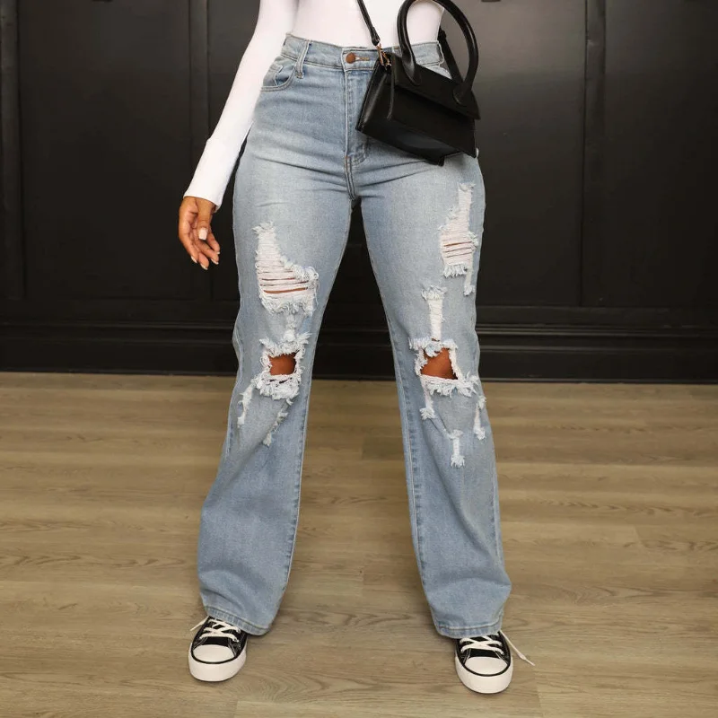 

Hot Jeans,2023 Sexy Ripped Jeans Woman Baggy Women Holes Destroyed Broken Vintage Female Pants Trousers Distressed Designer Jean