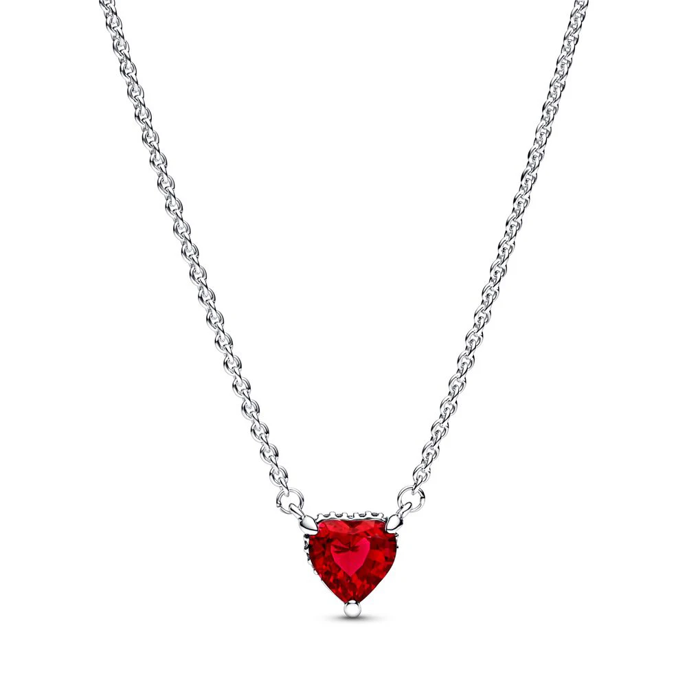 

925 Silver Red Gem Bezel Sparkling Halo Heart Pendant Clavicle Chain Sweet and Romantic Necklace Fit For Pandora Women's Gifts