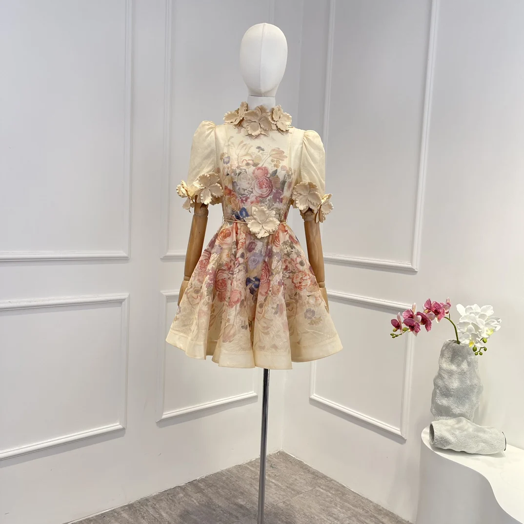 

Женское мини-платье А-силуэта, бежевое шелковое и льняное платье с цветочным принтом и аппликацией, весна-лето 2023