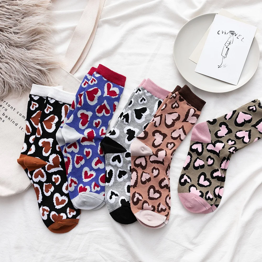 

Leopard Print Socks Female Japanese Sweets 5 Pairs White Cute Middle Tube Kawaii Funny Fashion Woman Women Long Style Fun Gyaru