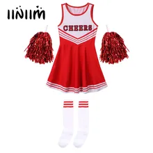 Girls Cheerleading Uniform Sleeveless Dance Costume Kids Cheerleader Outfit Round Neckline Letter Print Dress Flower and Socks