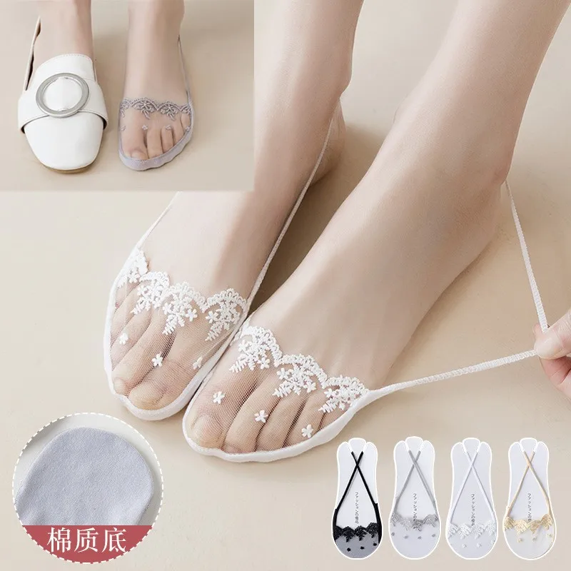 

4Pairs Lace Suspenders Boat Socks Women Shallow Mouth Summer Thin Front Sole Invisible Half High Heels Cotton 34-40 Super Cheap