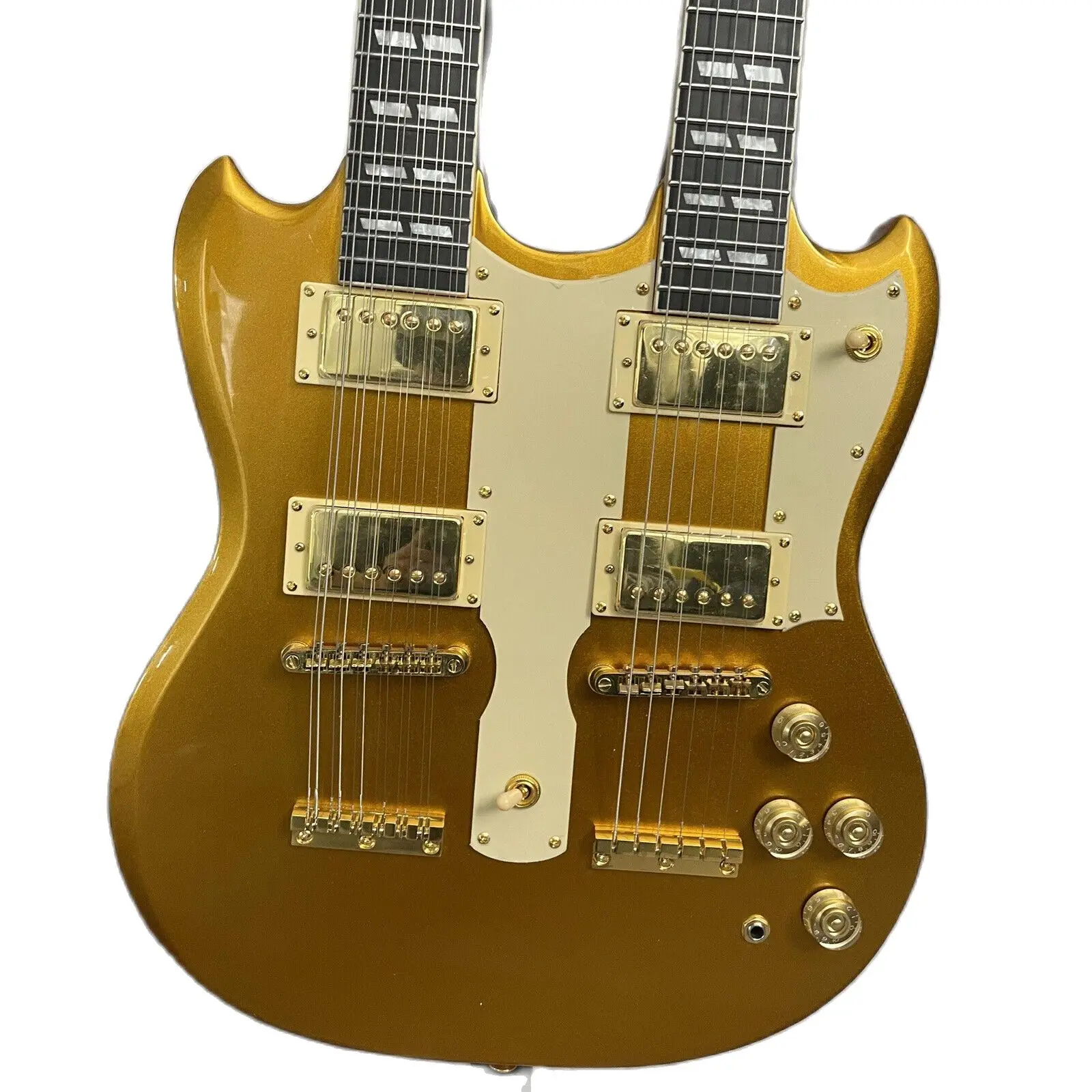 

Пользовательская металлическая Золотая фотоэлектрическая гитара с двойной шеей 12 + 6 струн Бесплатная доставка