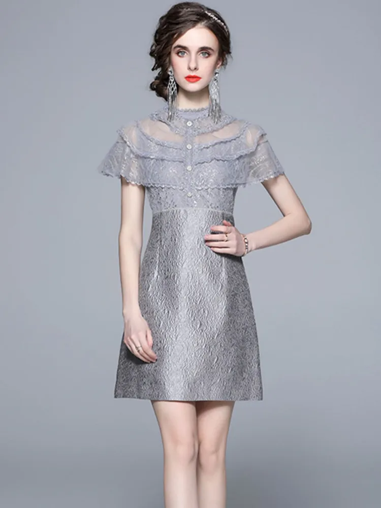 Женское жаккардовое платье со складками, элегантное дизайнерское платье мини с оборками и воротником-стойкой, лето 
Женское жаккардовое платье со складками, элегантное дизайнерское платье мини с оборками и воротником-стойкой, лето