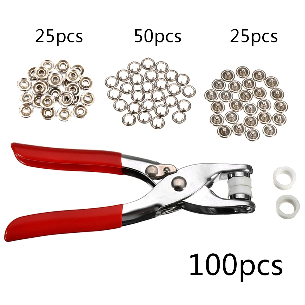 1 Pcs Plier Tool +25 Sets 9.5mm Metal Prong Snap Buttons Fasteners Press Studs Buckle Snap Fasteners for Installing Clothes Bags 
1 Pcs Plier Tool +25 Sets 9.5mm Metal Prong Snap Buttons Fasteners Press Studs Buckle Snap Fasteners for Installing Clothes Bags