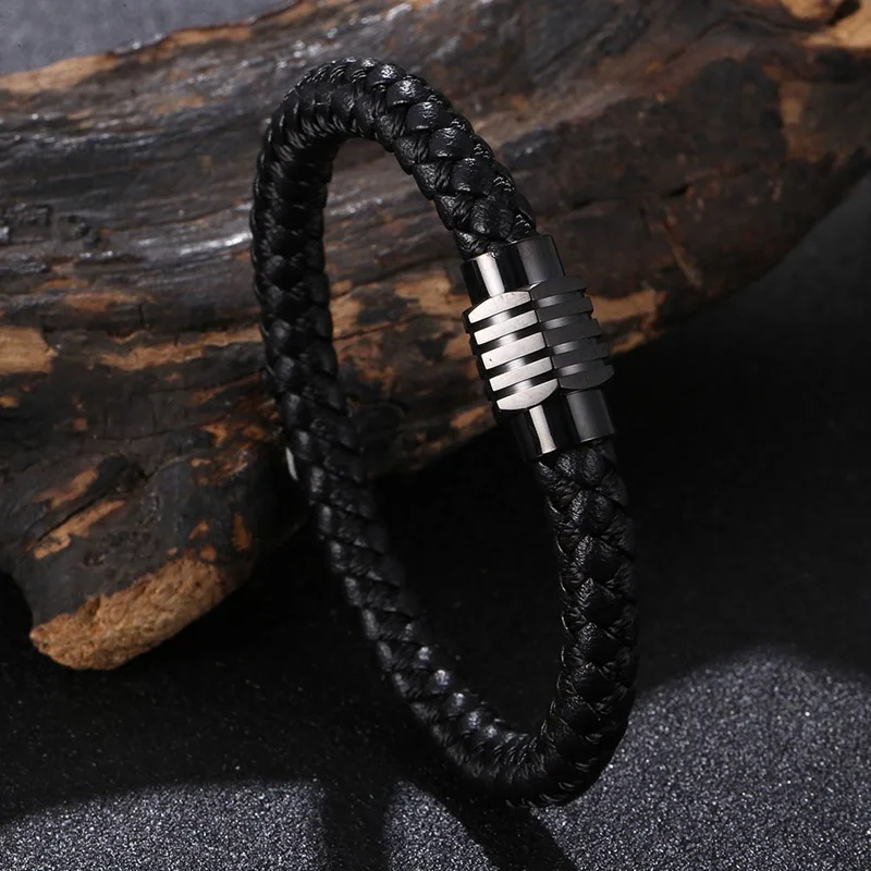 

Fashion Braided Leather Rope Bracelet Men Women Jewelry Black Magnet Buckle Bangles Casual Neutral Wristband Lucky Gift FR1161