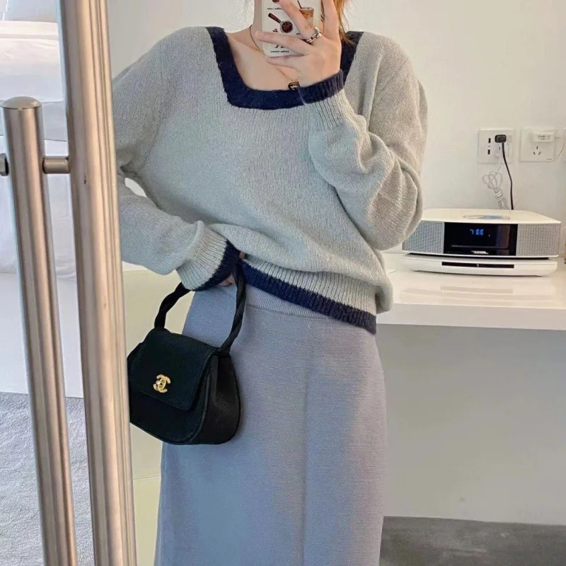 Design Loose Slimming Gentle Niche Base sweater mujer 2022 Autumn New Contrast Color Square Collar Soft Sweater Women's
Design Loose Slimming Gentle Niche Base sweater mujer 2022 Autumn New Contrast Color Square Collar Soft Sweater Women's