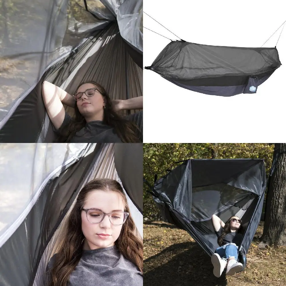 Beautiful Gray Black 115x56in 1-Person Mosquito Hammock with Attached Bug Net, Comfortably Sleep Outdoors & Enjoy Nature Stress-
Beautiful Gray Black 115x56in 1-Person Mosquito Hammock with Attached Bug Net, Comfortably Sleep Outdoors & Enjoy Nature Stress-