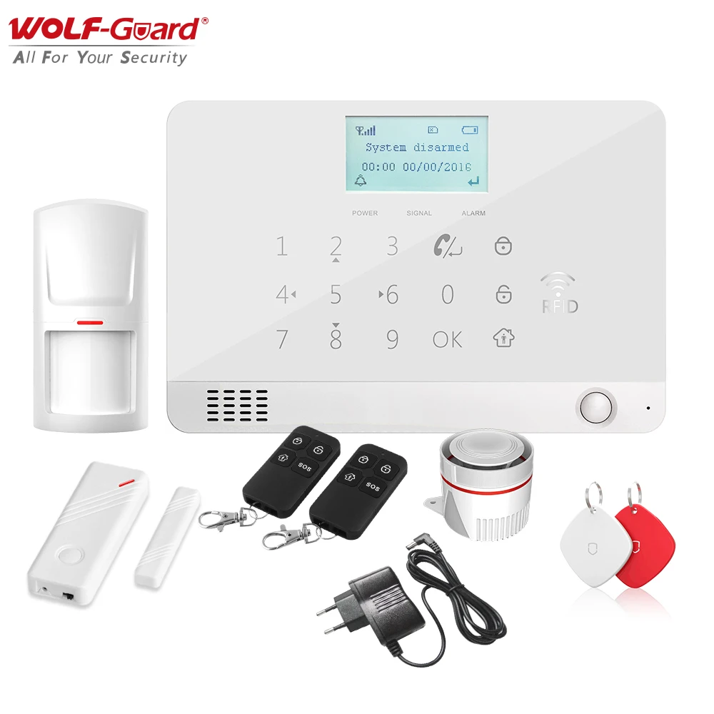 

Wolf-Guard DIY LCD GSM SMS Wireless Home Alarm Security Burglar System App Control Door/Window Sensor PIR Motion Detector