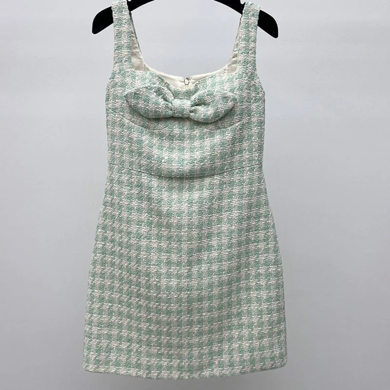 2023 Summer Women Elegant Light Green Bow Sleeveless Dress Runway Chic Houndstooth Back Zipper Vintage Tweed Slim Mini Dresses
2023 Summer Women Elegant Light Green Bow Sleeveless Dress Runway Chic Houndstooth Back Zipper Vintage Tweed Slim Mini Dresses