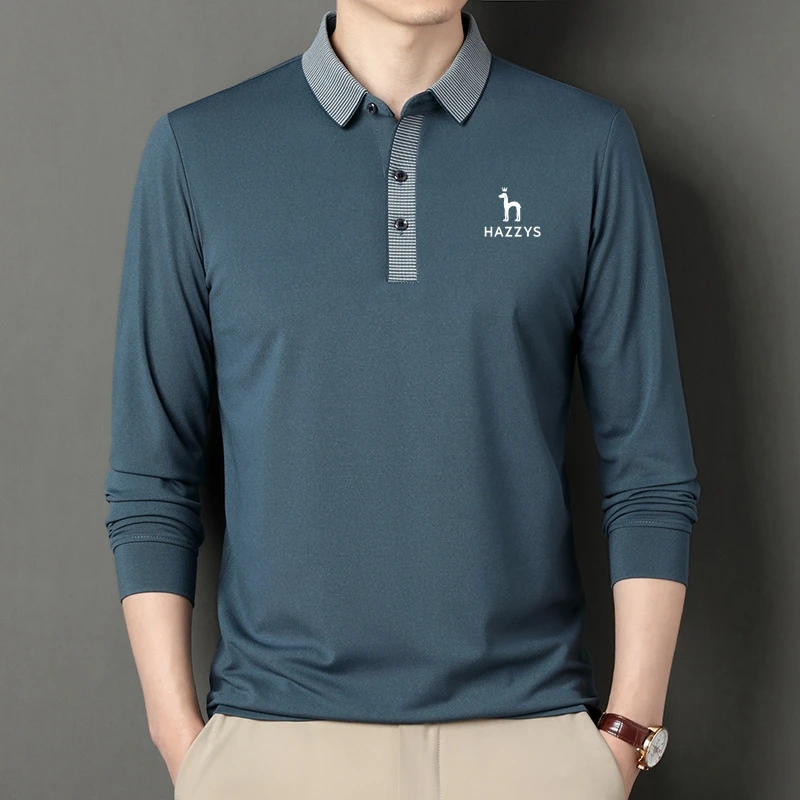 

Brand HAZZYS Men's Golf Clothing Autumn/Winter Thin Long Sleeve Striped Polo Shirt Korean Version Color Patchwork Lapel Shirt