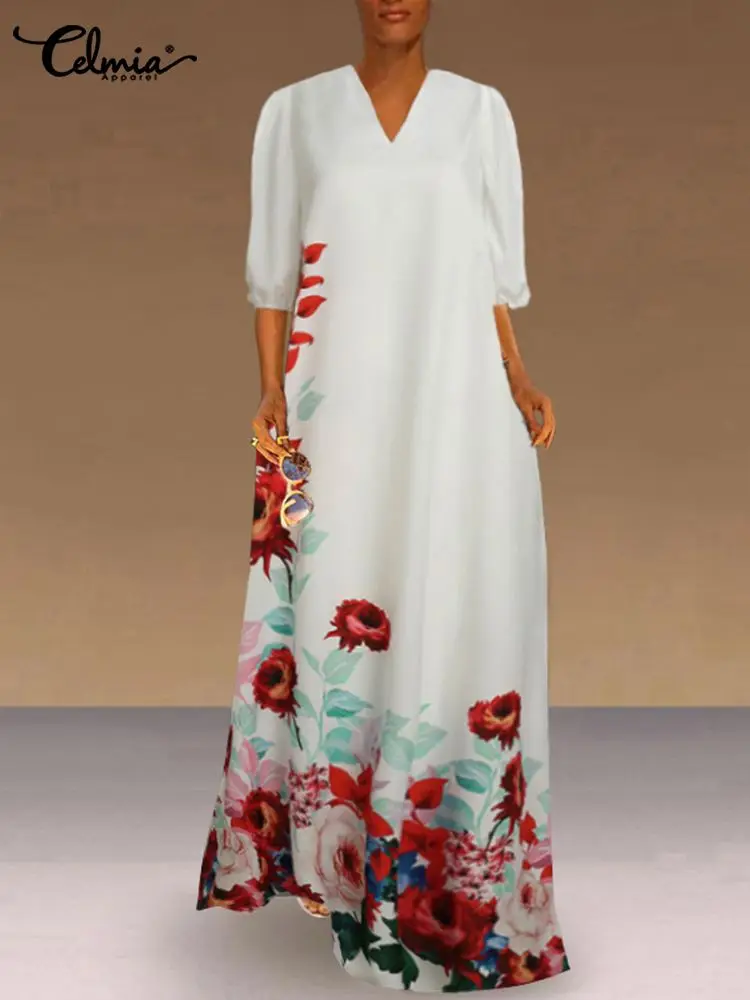 Women V-neck Long Vestido Celmia Casual Loose A-Line Dress Summer 3/4 Sleeve Maxi Dress Vintage Floral Printed Holiday Long Robe
Women V-neck Long Vestido Celmia Casual Loose A-Line Dress Summer 3/4 Sleeve Maxi Dress Vintage Floral Printed Holiday Long Robe