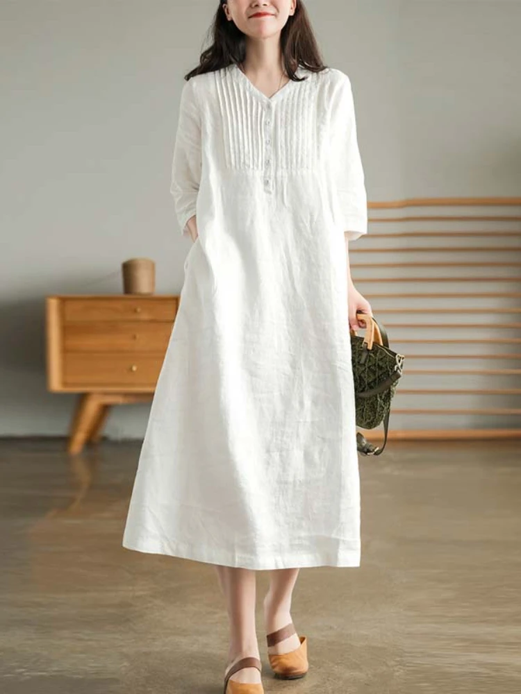 2022 Summer New Women's Cotton and Linen Dress Loose Stitching Solid Color Cotton and Linen V-neck Five-point Sleeve Mid-length 
2022 Summer New Women's Cotton and Linen Dress Loose Stitching Solid Color Cotton and Linen V-neck Five-point Sleeve Mid-length