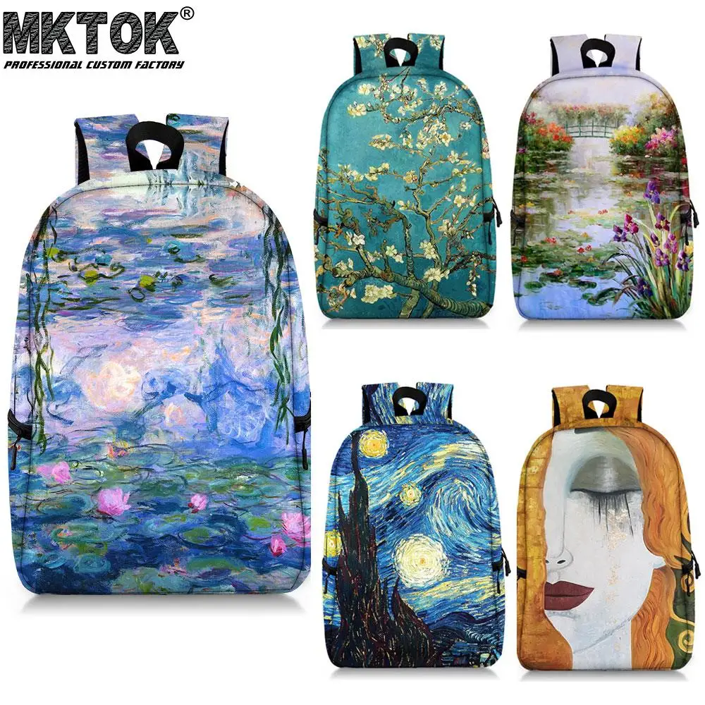 

Oil Painting Water Lilies / Tears / Starry Night Backpack Claude Monet Gustav Klimt Van Gogh School Bags travel Laptop Backpacks