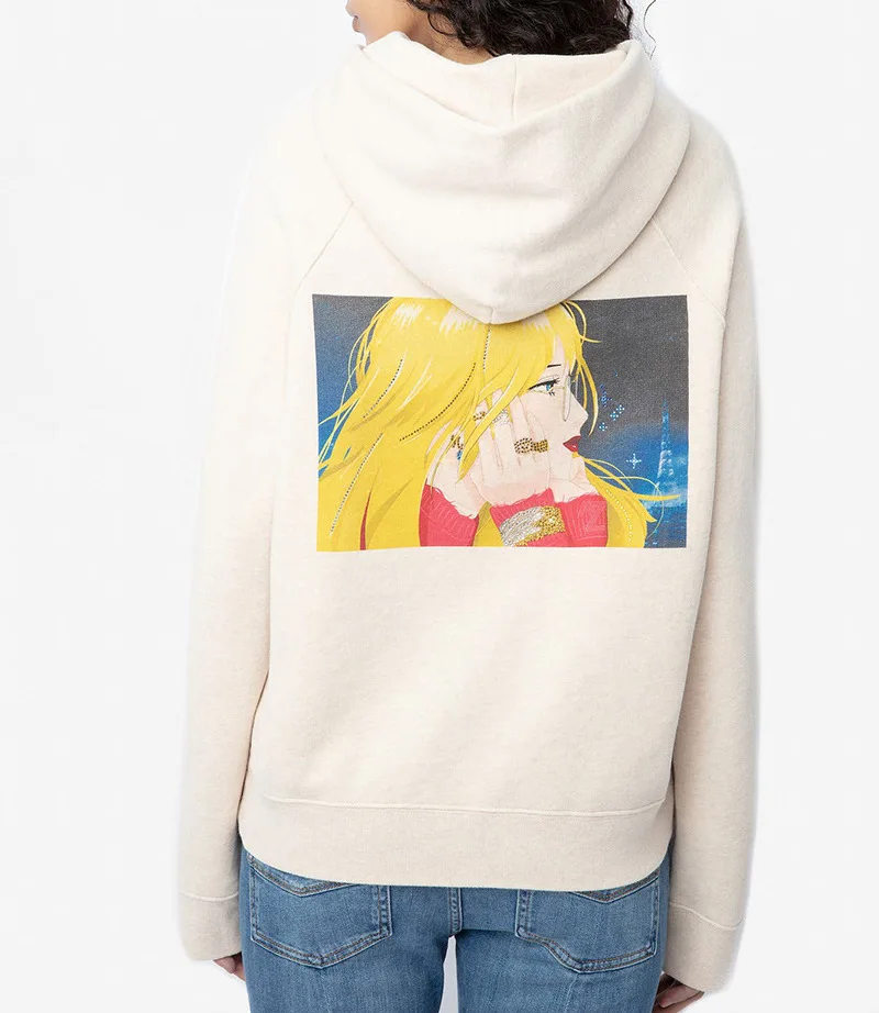 Women's Hoodies Back Anime Print Front Wing Hot Rhinestone Long Sleeve Loose Flocking Hooded Sweatshirt with Pocket
Women's Hoodies Back Anime Print Front Wing Hot Rhinestone Long Sleeve Loose Flocking Hooded Sweatshirt with Pocket
