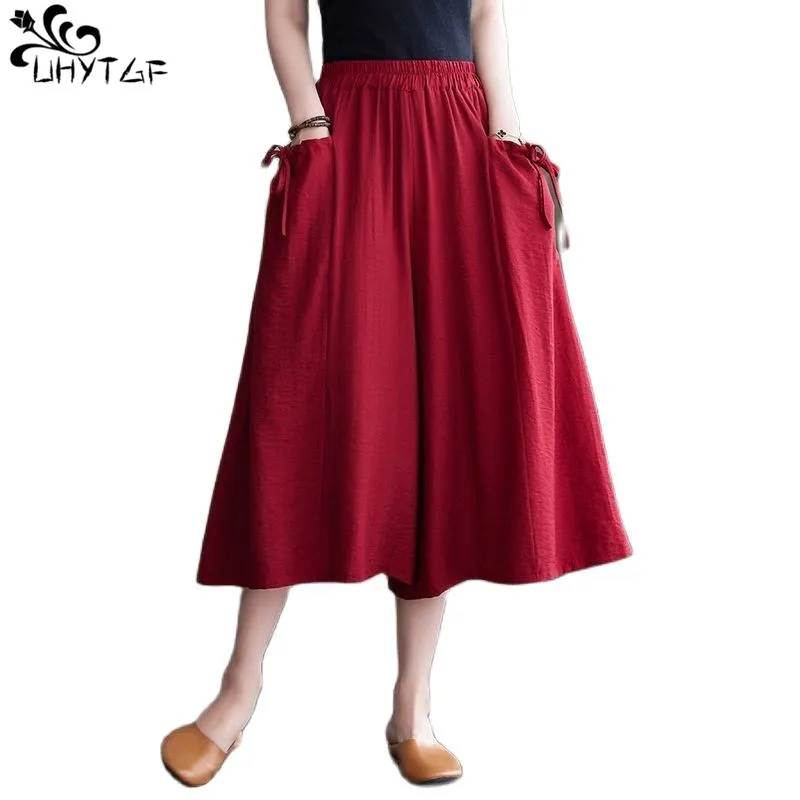 

UHYTGF 2023 Summer New Cotton Linen Wide Leg Pants Womens Large Size Retro High Waist Loose Ladies Seven-Point Trouser Skirt 316