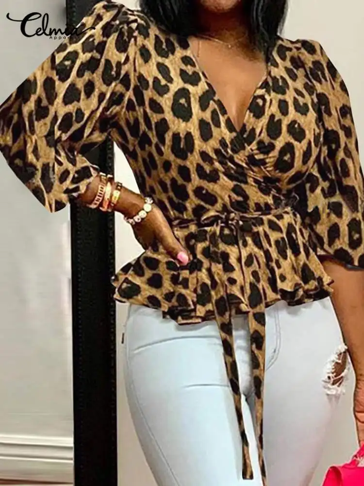 

Celmia Summer 2023 Women Wrapped Shirt Sexy V Neck Casual Elegant Leopard Print Belted Peplum Blouses Office Femme Tunic Tops