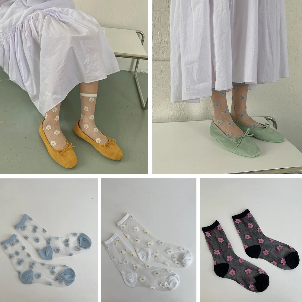 

Японские корейские женские носки с цветочным принтом, летние ультратонкие прозрачные шелковые носки с кристаллами, милые носки в стиле Хар...