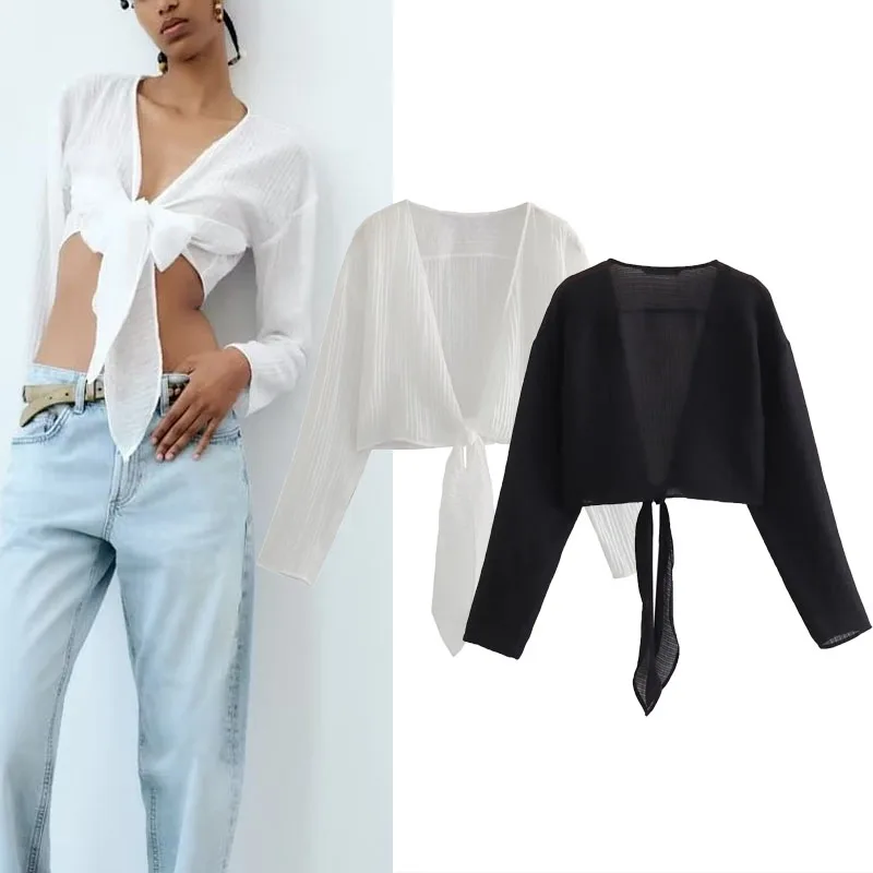 

2023 TRAF Knot Textured Top For Women White V-neck Crop Blouses Fashion Long Sleeve Tops Woman's Summer Black Bow Tied Shirts
