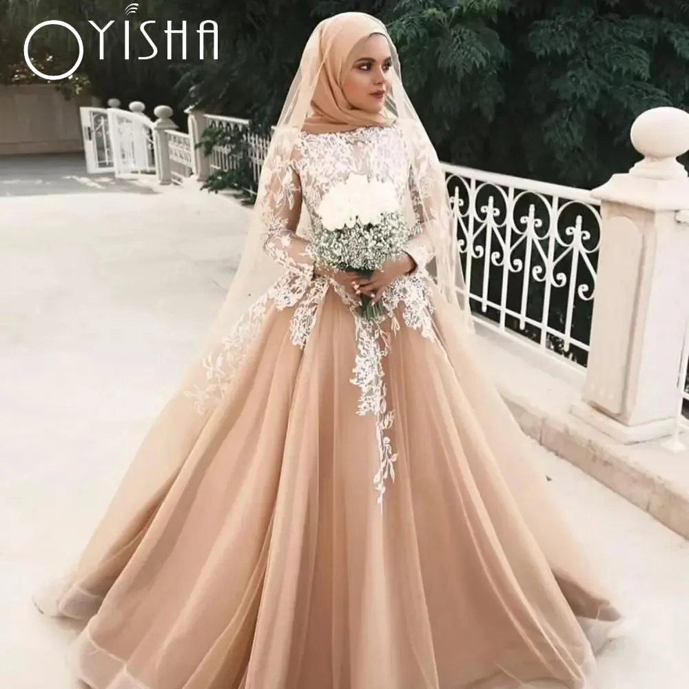 

OYISHA Champagne Mulim Wedding Dresses White Lace Appliqued Bridal Gowns 2023 Tulle Vestido De Novia Arabic Dubai Turkey Robes