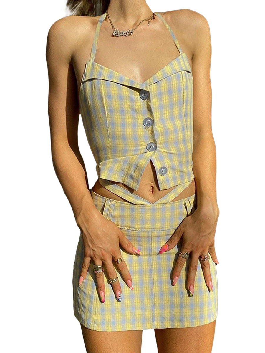 Two Piece Outfits For Women Summer Skirt Sets Women 2 Piece Outfits Plaid Halter-Neck Button Up Crop Tops Mini Skirt Matching
Two Piece Outfits For Women Summer Skirt Sets Women 2 Piece Outfits Plaid Halter-Neck Button Up Crop Tops Mini Skirt Matching