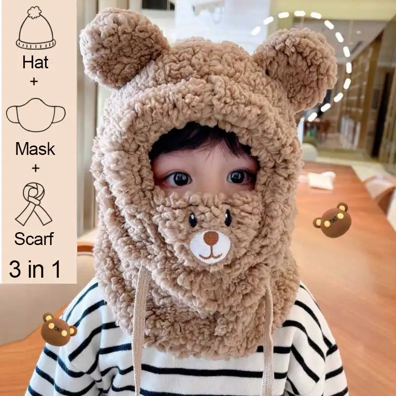 

Plush Hat Autumn Winter Cute Children Cartoon Scarf Masked Hood Cap Double Fleece Warmth Boy Girl Adult Parent-child Baby Hat