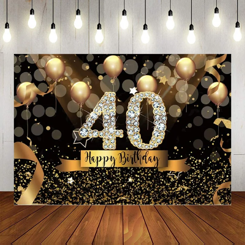 

Фон для фотосъемки на вечеринку в честь 40-го дня рождения, блестящий черный золотой фон с воздушными шарами, сказочный декор для взрослых, бл...