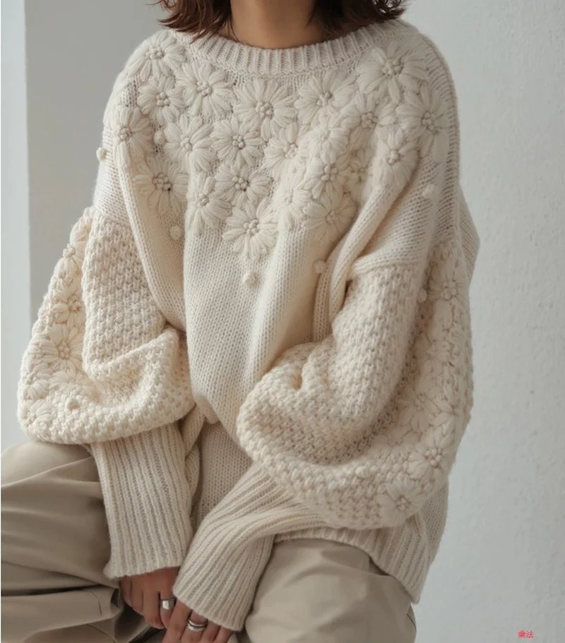 High Quality Vintage Daisy Embroidery Sweater Women Autumn Thick Warm Korean Lantern Sleeves Loose Knitted Jumper Pull Oversize
High Quality Vintage Daisy Embroidery Sweater Women Autumn Thick Warm Korean Lantern Sleeves Loose Knitted Jumper Pull Oversize
