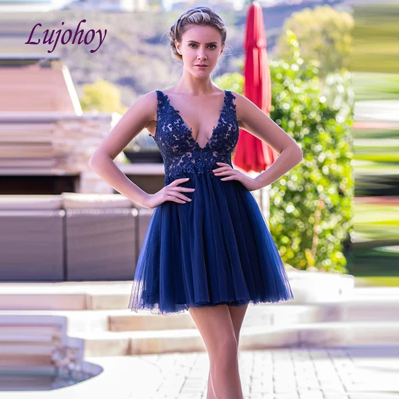 

Sexy Navy Blue Lace Short Cocktail Dress Party Little Ladies Girl Women Prom Homecoming Graduation Semi Formal Gown