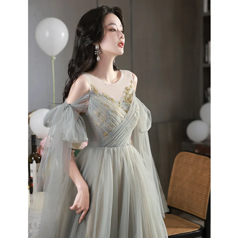 

Green Gray Bridesmaid Dresses Illusion O-neck Applique Elegant Long A-Line Banquet Female Host Cocktail Party Prom Gowns 2023