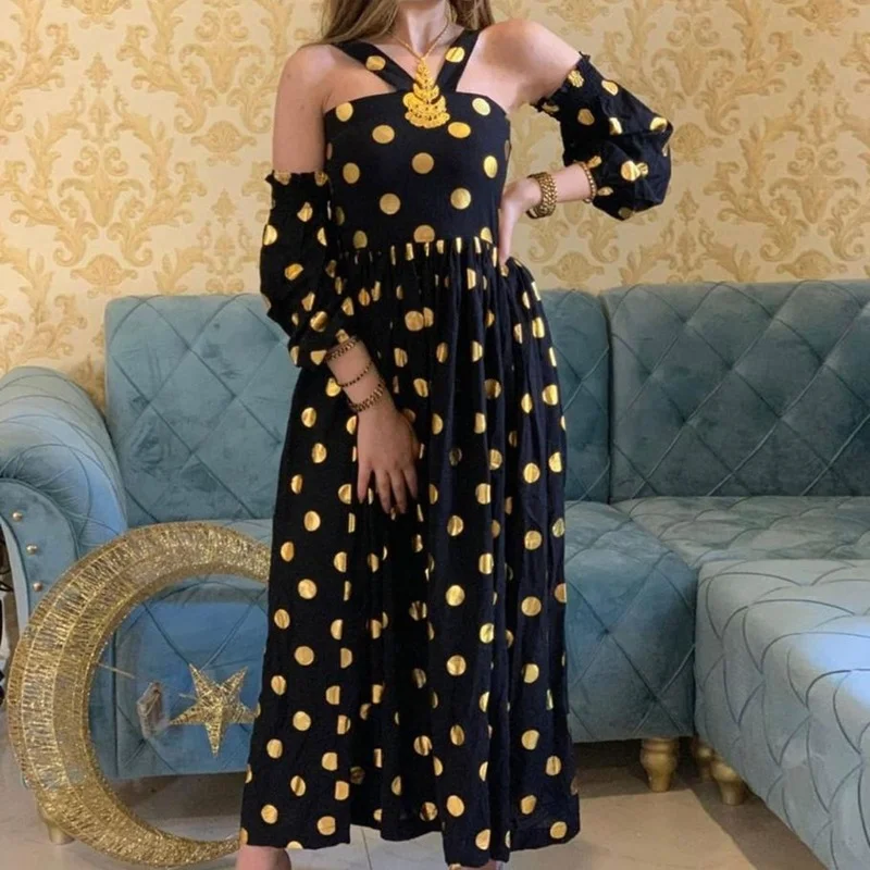 Polka Dot Print Sexy Halter Dress Muslim Fashion Abayas For Women Wedding Party Evening Elegant Gown Moroccan Kaftan Clothing
Polka Dot Print Sexy Halter Dress Muslim Fashion Abayas For Women Wedding Party Evening Elegant Gown Moroccan Kaftan Clothing