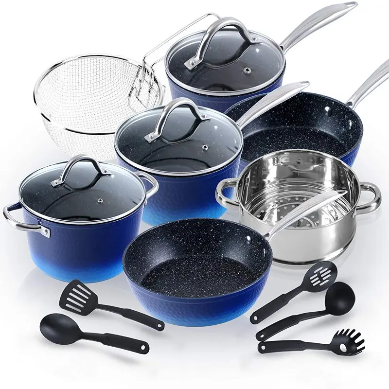 

15 piece Induction Kitchen Cookware Sets Nonstick - Granite Hammered Pan Set, Dishwasher Safe Cooking Pots and Pans Set(Blue)