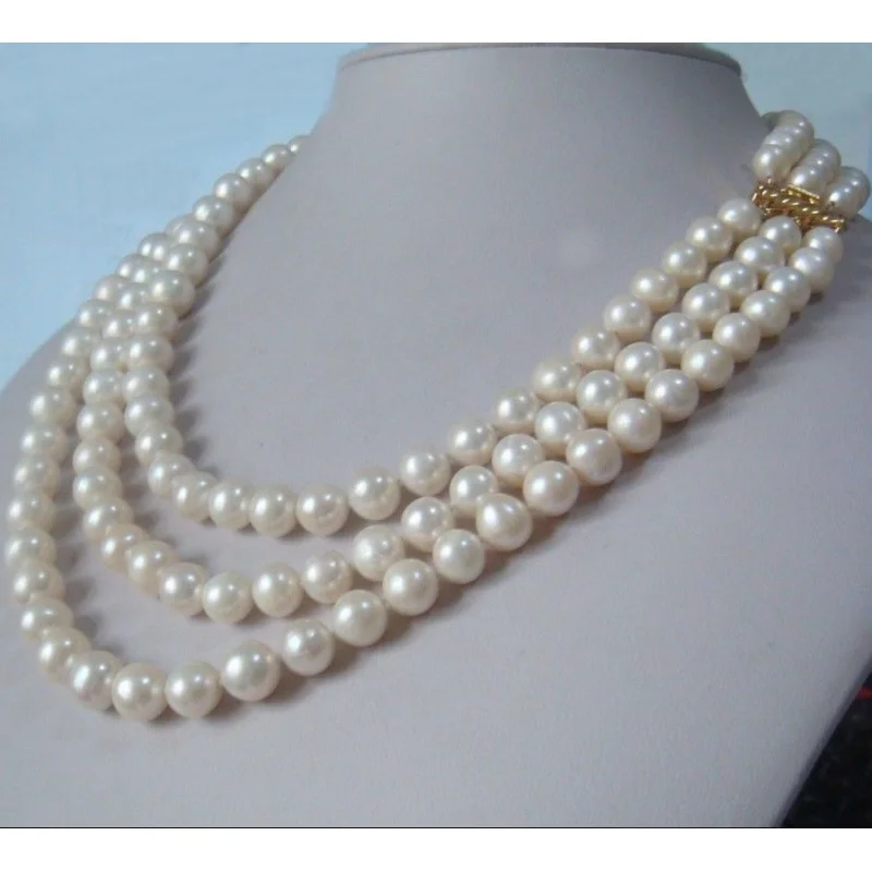 

3 row strands natural 8-9mm akoya white pearl necklace 17";18";19";14K gold plated clasp
