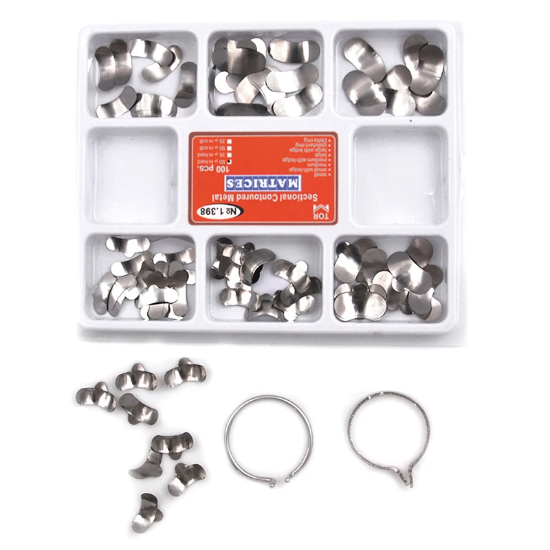 100Pcs/Box Dental Matrix Sectional Contoured Metal Matrices Band Resin Clamping/Seperating Ring Dentist Tools 
100Pcs/Box Dental Matrix Sectional Contoured Metal Matrices Band Resin Clamping/Seperating Ring Dentist Tools