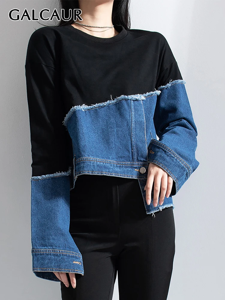 GALCAUR Patchwork Denim Sweatshirt For Women O Neck Long Sleeve Hit Color Designer Casual Pullovers Female 2022 Spring Clothing
GALCAUR Patchwork Denim Sweatshirt For Women O Neck Long Sleeve Hit Color Designer Casual Pullovers Female 2022 Spring Clothing