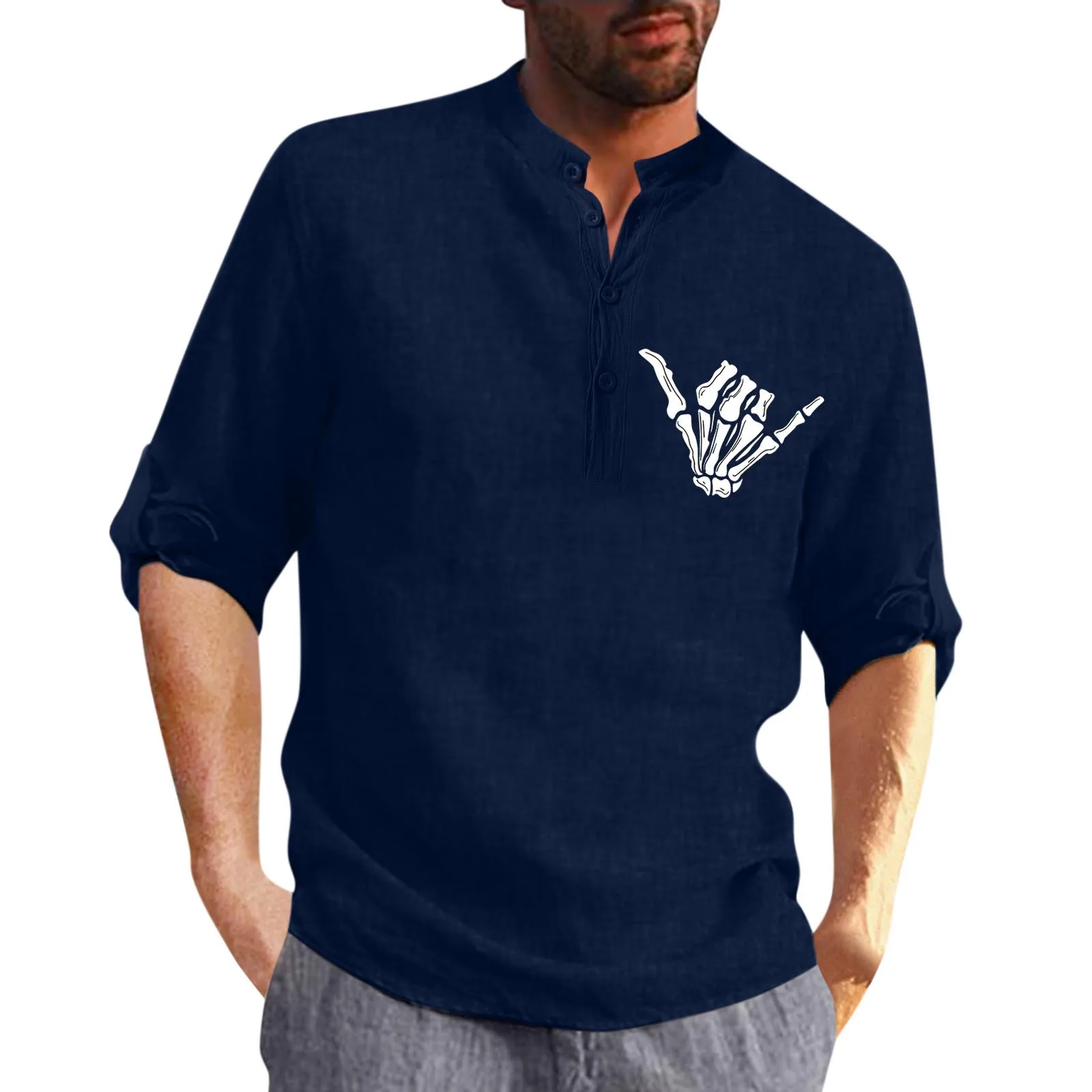 

Men Shirt Collar Cotton Linen Print Fashion Top Blouse Loose Long Sleeve Button Top Shirt Dry Blend