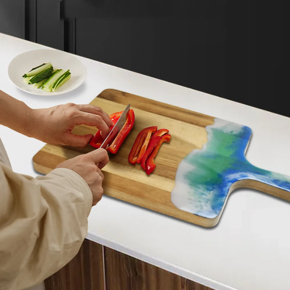 Resin splicing Wood Cutting Board with handle or Cheese Serving Board Party Tray home Decor 
Resin splicing Wood Cutting Board with handle or Cheese Serving Board Party Tray home Decor