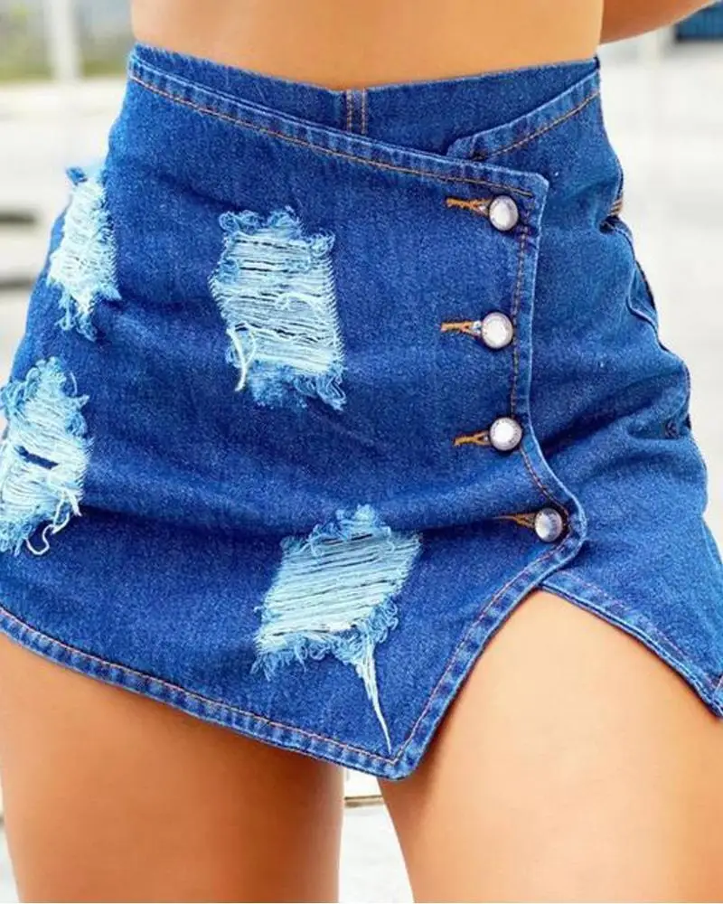 

Button Fly Ripped Denim Skorts Women Spring Summer High Waist Sexy Mini Skorts Solid Color