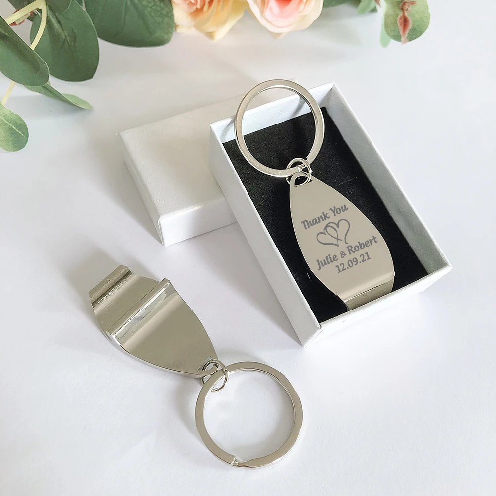 Pack of 10 Personalized Wedding Favors Metal Keychain Bottle Opener Customized Wedding Gift Key Chain Souvenir with Packing Box 
Pack of 10 Personalized Wedding Favors Metal Keychain Bottle Opener Customized Wedding Gift Key Chain Souvenir with Packing Box